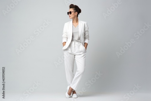 Beautiful Asian Woman Wear Elegant White Suit Sunglasses Thinking About Question On White Background. Сoncept Beauty Of Asian Women, Elegant White Suit, Sunglasses, Thinking