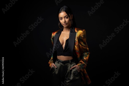 Fashion Portrait Asian Woman Wearclothes Silk Trousers Jacket Holds The Phone On Black Background . Сoncept Fashion, Asian Women, Silk Trousers, Phone Accessories