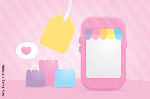 cute kawaii pink online shop on mobile phone with shopping bag and hanging sign illustration vector