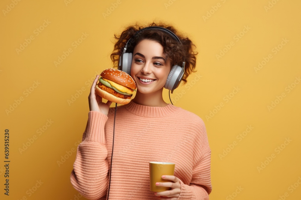 Smiling Woman Wear Knitted Sweater Headphones Eats Fast Food On Pastel Background . Сoncept Fast Food On The Go, Knitted Sweater Inspiration, Wearing Headphones While Eating