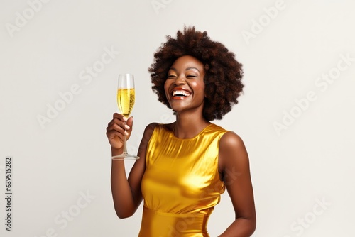 Smiling African Woman Wear Golden Dress Drinking A Drink On White Background. Сoncept Smiling African Women, Gold Dress, Drinks, White Background