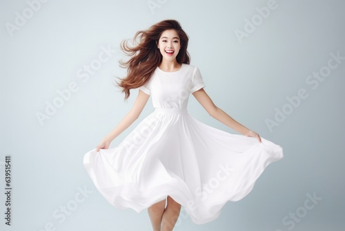 Surprise Asian Woman Wear White Festive Dress Happy Dancing On Pastel Background. Сoncept Asian Fashion, White Dresses, Festive Celebrations, Joyous Dancing