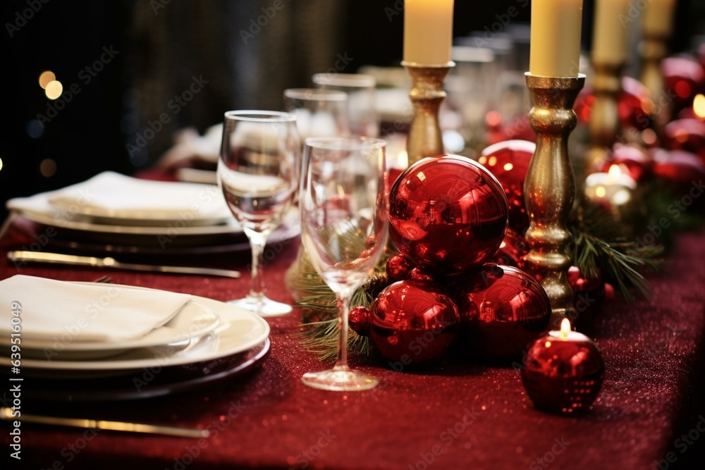 Festive Christmas table decorations. Generative AI