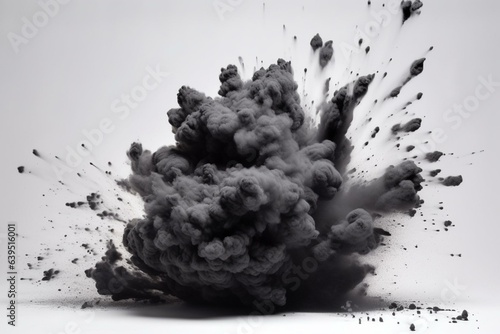 Black powder explosion on a white background with charcoal-like particles. Generative AI