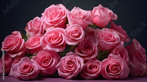 Bouquet of pink roses on a dark background. Close-up. Fresh bright pink roses bouquet.