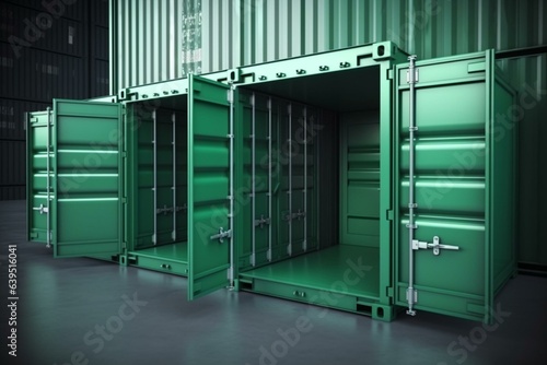 3D artwork of green scratched cargo containers for storage transportation with both open and closed doors. Generative AI