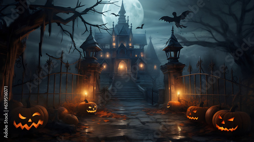Spooky halloween wallpaper with pumpkin and old house