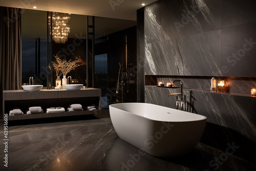 sleek grey marble bathroom with LED lighting  double vanity  and freestanding tub