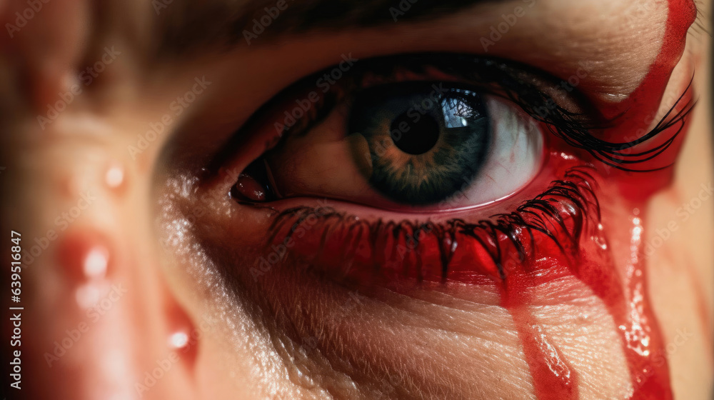 Close-up of a girl with a bloody face and watery eyes - obrazy, fototapety, plakaty 