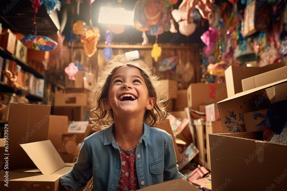 Joyful determination of a children's boutique owner as they navigate their store, arms full of cardboard boxes, a bright smile on their face.