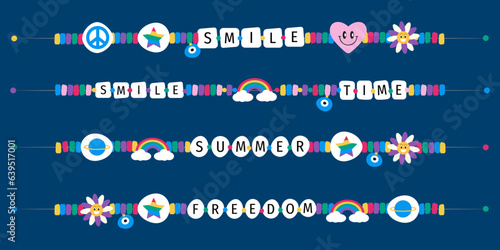 Retro hand drawn vector of children's friendship accessories, including beads, bracelets, necklaces. Card icons in the style of the 90s, multicolored and beaded.