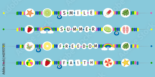 Retro hand drawn vector of children's friendship accessories, including beads, bracelets, necklaces. Card icons in the style of the 90s, multicolored and beaded.