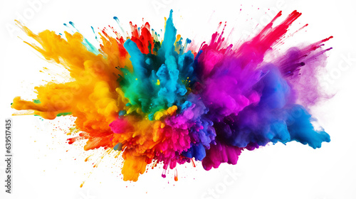 Multicolored explosion of rainbow holi powder paint isolated on white background. 