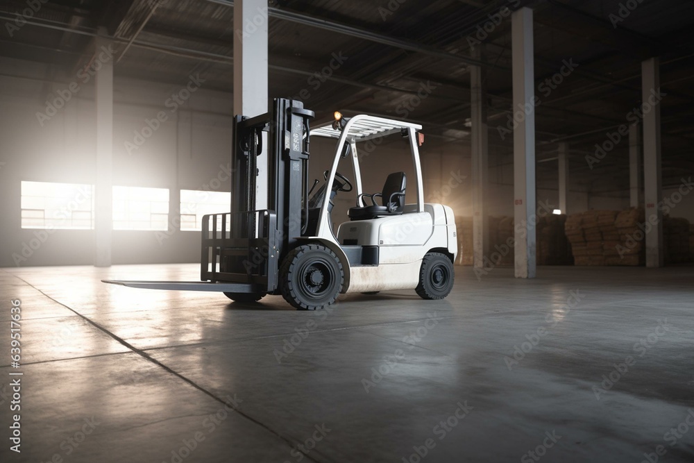 An image of a white forklift in a warehouse for cargo handling and storage. Generative AI