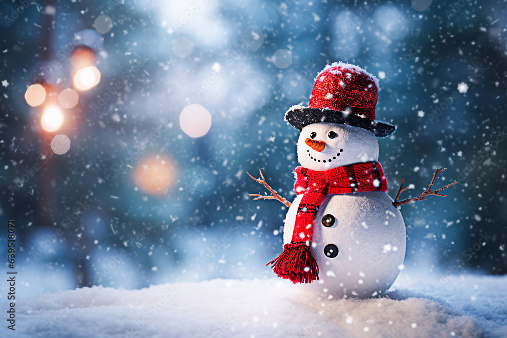 Snowman in red hat and scarf on snowy background. Christmas card. selective focus.  