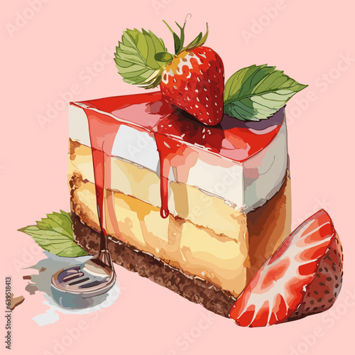 Watercolor styled illustration of piece of juicy red pink and white strawberry cheesecake, strawberry on top of cheesecake  and some berries and leaf around on pink-colored background