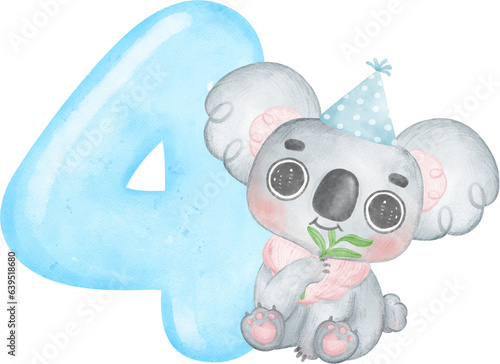 Canvas Print Cute birthday koala with blue number 4, four, cartoon watercolour illustration
