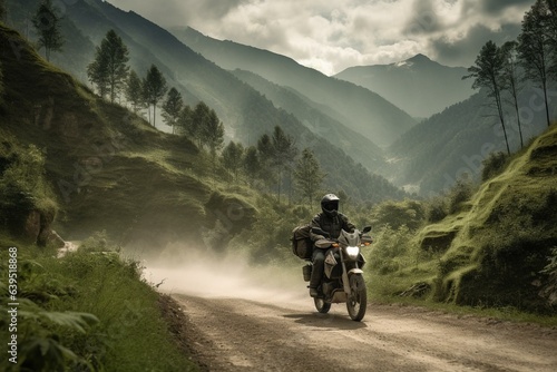 A biker riding on a mountainous road. Generative AI © Raven