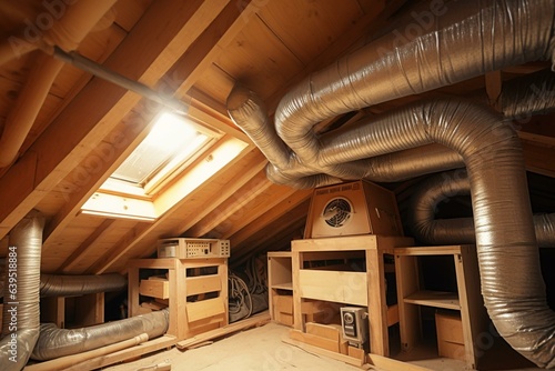 Fototapete HVAC system and ducts in a well-insulated attic. Generative AI