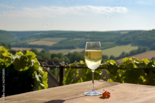 Enjoy premier cru sparkling white wine on outdoor terrace with a view of colorful vineyards in Hautvillers, France. Generative AI photo