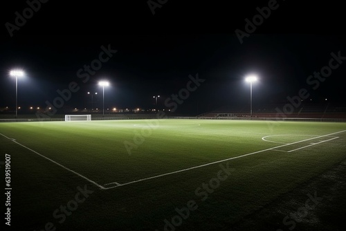 well-lit football pitch in an unoccupied stadium. Generative AI © Thalia