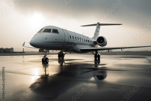 A high-end private jet parked on the airport runway. Generative AI
