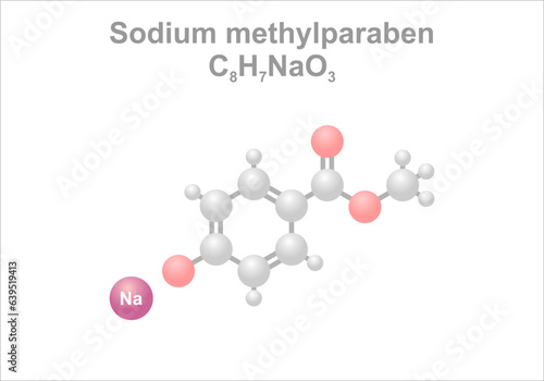 Sodium methylparaben. Simplified scheme of the molecule. Use as food additive. photo