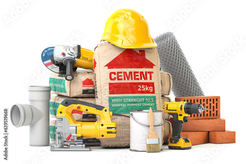 Construction materials and tools isolated on white background. photo