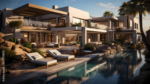 The villa is nestled in a desert landscape offering modern comfort and Arabic aesthetics