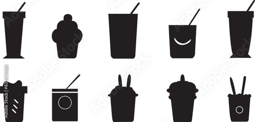 Iced coffee black flat icons set. Iced coffee black silhouettes set. Vector illustration