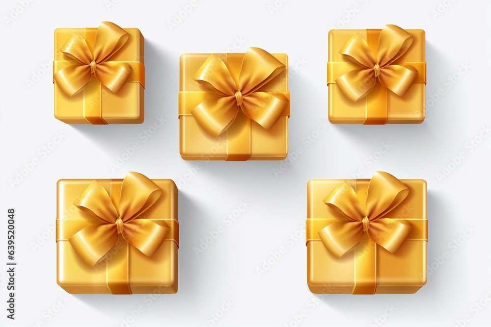 Golden gift boxes with bright ribbon bow isolated on transparent background, ideal for festive occasions. Top view template for card or banner. Generative AI