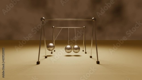 Animation of Newton's Cradle Seamless loop 3d Animation 4k Newton's cradle office toy. 3d render. swinging metal balls in slow motion on cyan background