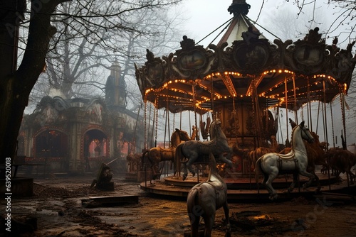An eerie merry-go-round populated by ghosts in an abandoned theme park. Generative AI © Calantha
