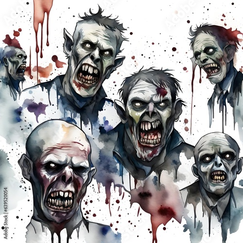 Scary zombies done in watercolor style suitable for Halloween. 