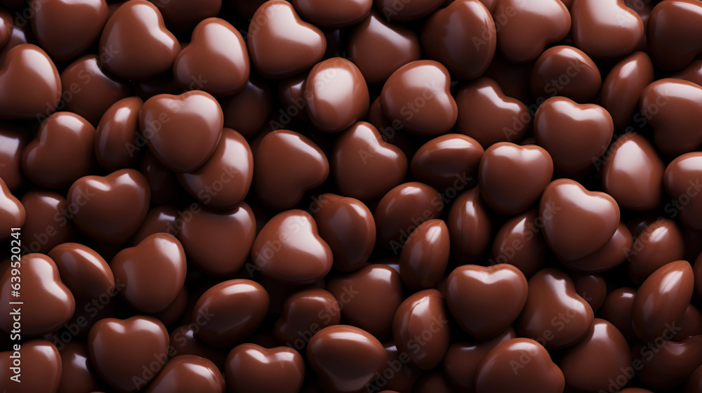 Tasty heart-shaped chocolate candies as background, top view. Valentine's day. Generative AI Tasty heart-shaped chocolate candies as background, top view. Valentine's day. Generative AI