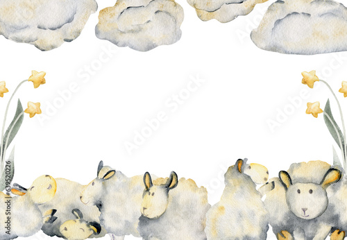 Watercolor hand drawn illustration, cute baby sheep with clouds and magical star flowers. Border frame isolated on white background. Textured effect. For kids, children bedroom, fabric, linens print