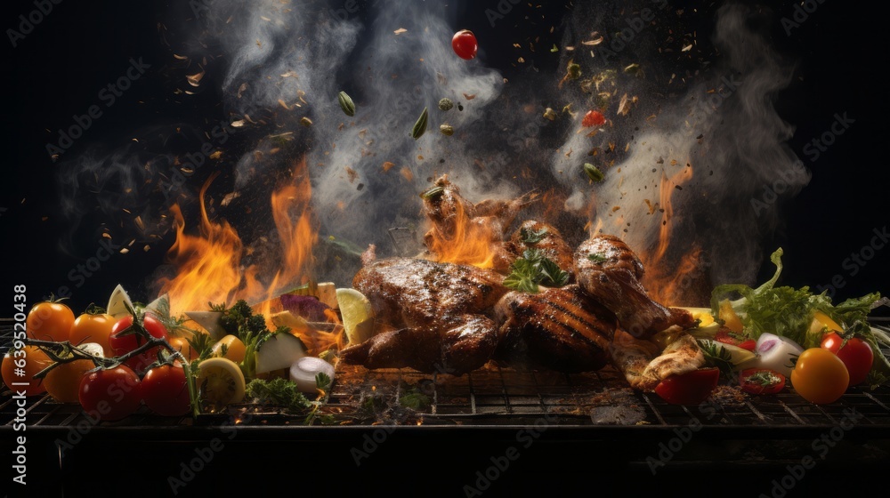 Grilled chicken legs on the grill with vegetable and side dishes consist of lemon, tomatoes, rosemary, salt, peper, with fired smoke for luxury delicious dinner meal, food and beverage, health concept - obrazy, fototapety, plakaty 
