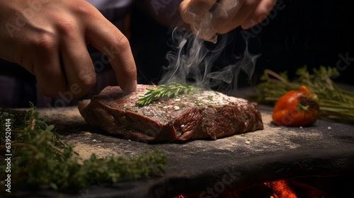 Closeup Had squeeze lemon to the Beef grill on wood plate with rosemary and fired smoke for luxury delicious dinner meal, food and beverage, health and restaurant concept