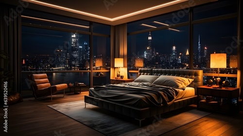 penthouse bedroom at night, dark gloomy, A room with a view of the city from the bed, generative ai © Lucky Ai