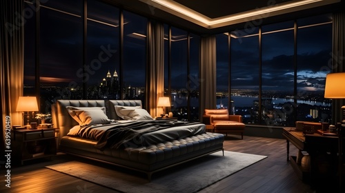 penthouse bedroom at night, dark gloomy, A room with a view of the city from the bed, generative ai