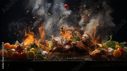 Grilled chicken legs on the grill with vegetable and side dishes consist of lemon, tomatoes, rosemary, salt, peper, with fired smoke for luxury delicious dinner meal, food and beverage, health concept