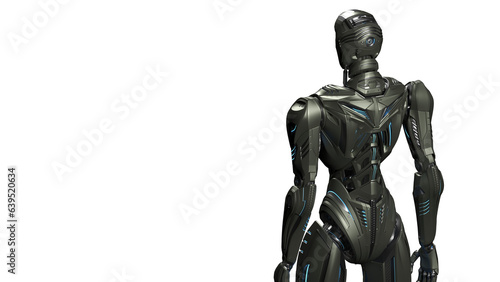 3d rendering of detailed futuristic robot or alien humanoid cyborg. Back view of the upper body isolated on transparent background with empty space for text