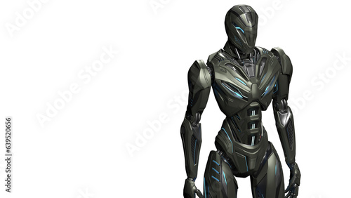 3d rendering of detailed futuristic robot or alien humanoid cyborg. Upper body isolated on transparent background with empty space for text