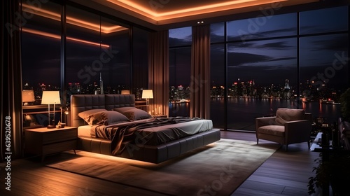 penthouse bedroom at night  dark gloomy  A room with a view of the city from the bed  generative ai