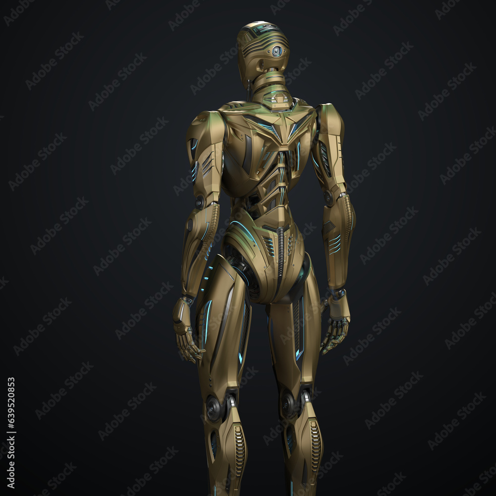 3d rendering of detailed futuristic robot or alien humanoid cyborg.  Back view of the upper body isolated on dark background