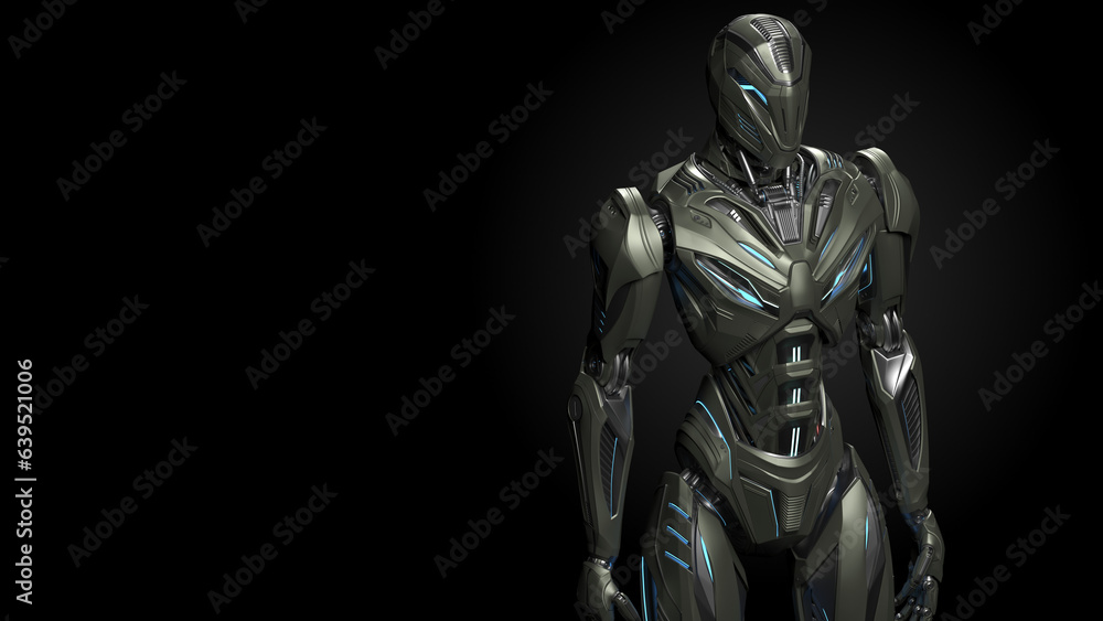 3d rendering of detailed futuristic robot or alien humanoid cyborg. Front view of the upper body isolated on dark background with empty space for text 3d rendering of detailed futuristic robot or alien humanoid cyborg. Front view of the upper body isolated on dark background with empty space for text