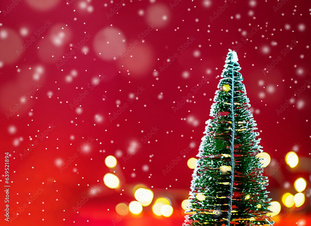 Christmas background with xmas tree and sparkle bokeh lights on red canvas background.