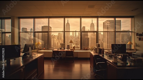 Modern office interior with sunset panoramic window