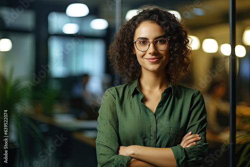 Portrait of Successful businesswoman standing in office. a young smiling woman looking at camera with crossed arms. Happy girl standing in creative office. Generative Ai