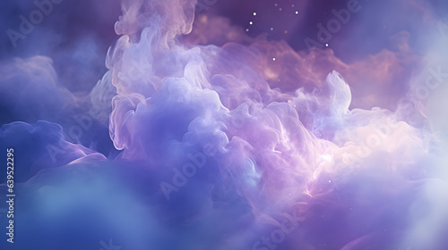 Swirling cloud of vapor illuminated by LED lights, creating a dreamy, nebula-like effect